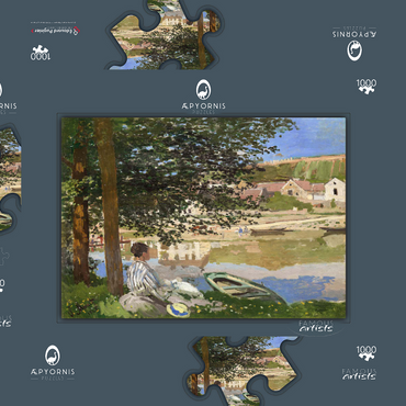 Darstellung des Puzzle Motivs On the Bank of the Seine, Bennecourt (1868) by Claude Monet 1000 Puzzle Schachtel 3D Modell