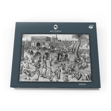 Darstellung des Puzzle Motivs Ice Skating before the Gate of Saint George, Antwerp, 1558, by Pieter Bruegel the Elder 100 Puzzle Schachtel Ansicht3