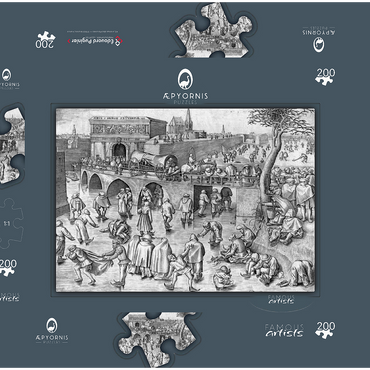 Darstellung des Puzzle Motivs Ice Skating before the Gate of Saint George, Antwerp, 1558, by Pieter Bruegel the Elder 200 Puzzle Schachtel 3D Modell