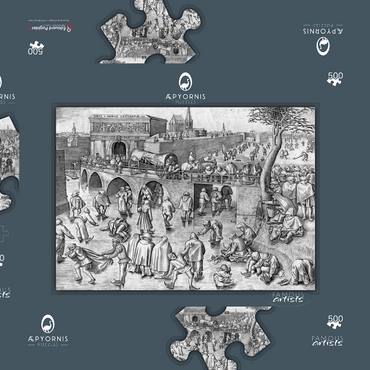 Darstellung des Puzzle Motivs Ice Skating before the Gate of Saint George, Antwerp, 1558, by Pieter Bruegel the Elder 500 Puzzle Schachtel 3D Modell