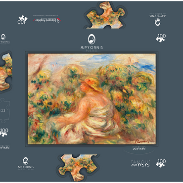 Darstellung des Puzzle Motivs Woman with Hat in a Landscape (Femme avec chapeau dans un paysage) (1918) by Pierre-Auguste Renoir 100 Puzzle Schachtel 3D Modell