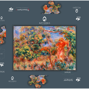 Darstellung des Puzzle Motivs Woman in Red in a Landscape (Femme en rouge dans un paysage) (1917) by Pierre-Auguste Renoir 100 Puzzle Schachtel 3D Modell