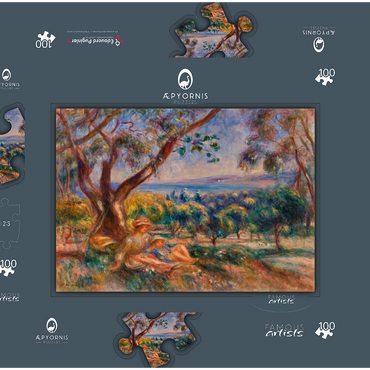 Darstellung des Puzzle Motivs Landscape with Figures, near Cagnes (Paysage avec figures, environs de Cagnes) (1910) by Pierre-Auguste Renoir 100 Puzzle Schachtel 3D Modell