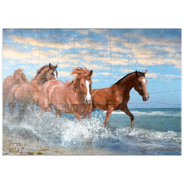 Darstellung des Puzzle Motivs puzzleplate Schöne Pferde laufen am Strand durch das Meer 100 Puzzle