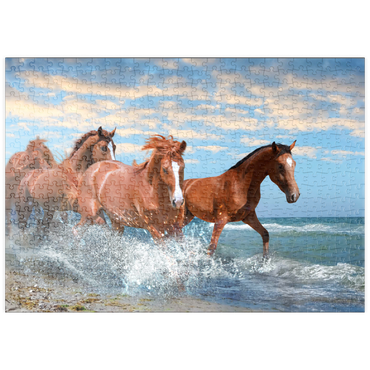 Darstellung des Puzzle Motivs puzzleplate Schöne Pferde laufen am Strand durch das Meer 500 Puzzle