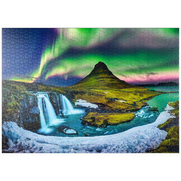 Darstellung des Puzzle Motivs puzzleplate Nordlicht, Aurora borealis bei Kirkjufell in Island 1000 Puzzle