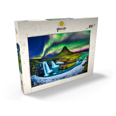 Darstellung des Puzzle Motivs Nordlicht, Aurora borealis bei Kirkjufell in Island 100 Puzzle Schachtel Ansicht2