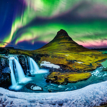 Darstellung des Puzzle Motivs Nordlicht, Aurora borealis bei Kirkjufell in Island 100 Puzzle 3D Modell