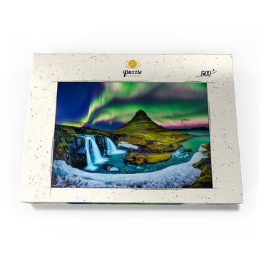 Darstellung des Puzzle Motivs Nordlicht, Aurora borealis bei Kirkjufell in Island 500 Puzzle Schachtel Ansicht3