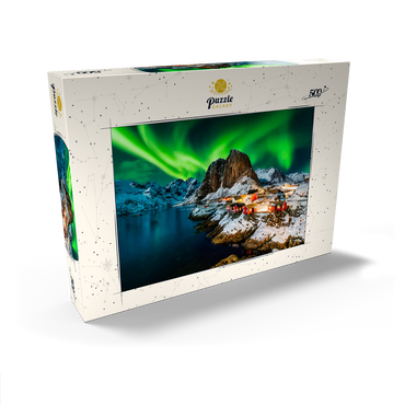 Darstellung des Puzzle Motivs Aurora borealis über Hamnoy in Norwegen 500 Puzzle Schachtel Ansicht2