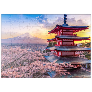 Darstellung des Puzzle Motivs puzzleplate Schöne Sicht auf den Berg Fuji und Chureito Pagoda bei Sonnenuntergang 100 Puzzle
