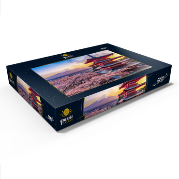 Darstellung des Puzzle Motivs Schöne Sicht auf den Berg Fuji und Chureito Pagoda bei Sonnenuntergang 500 Puzzle Schachtel Ansicht1