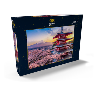Darstellung des Puzzle Motivs Schöne Sicht auf den Berg Fuji und Chureito Pagoda bei Sonnenuntergang 500 Puzzle Schachtel Ansicht2