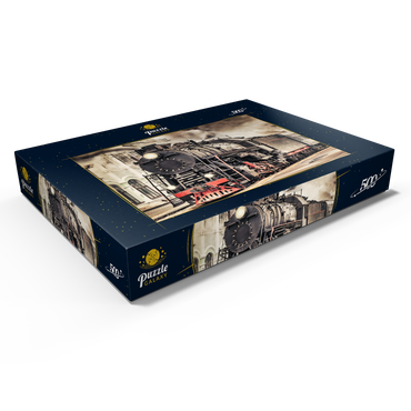Darstellung des Puzzle Motivs Ein Dampfzug fährt vom Bahnhof ab 500 Puzzle Schachtel Ansicht1
