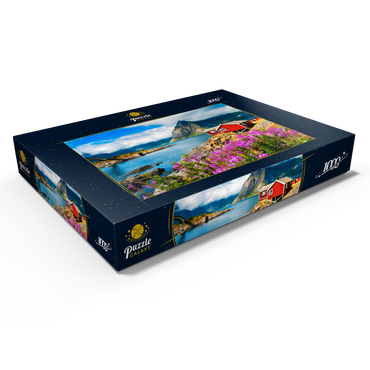 Darstellung des Puzzle Motivs Typische rote Fischerhäuser in einem Hafen auf den Lofoten, Norwegen 1000 Puzzle Schachtel Ansicht1
