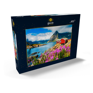Darstellung des Puzzle Motivs Typische rote Fischerhäuser in einem Hafen auf den Lofoten, Norwegen 1000 Puzzle Schachtel Ansicht2