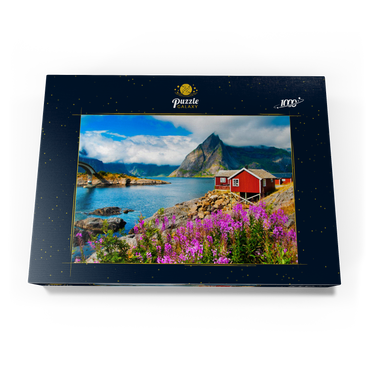 Darstellung des Puzzle Motivs Typische rote Fischerhäuser in einem Hafen auf den Lofoten, Norwegen 1000 Puzzle Schachtel Ansicht3