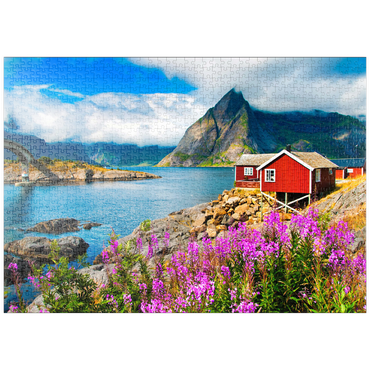 Darstellung des Puzzle Motivs puzzleplate Typische rote Fischerhäuser in einem Hafen auf den Lofoten, Norwegen 1000 Puzzle