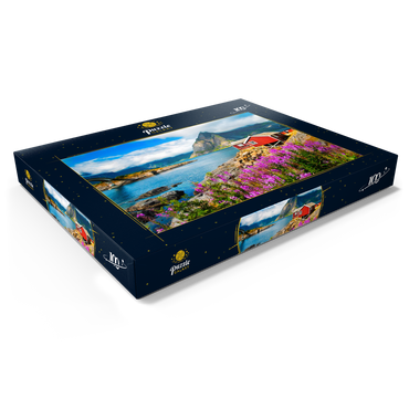 Darstellung des Puzzle Motivs Typische rote Fischerhäuser in einem Hafen auf den Lofoten, Norwegen 100 Puzzle Schachtel Ansicht1