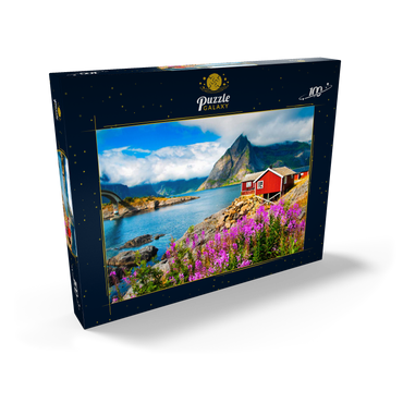 Darstellung des Puzzle Motivs Typische rote Fischerhäuser in einem Hafen auf den Lofoten, Norwegen 100 Puzzle Schachtel Ansicht2