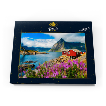 Darstellung des Puzzle Motivs Typische rote Fischerhäuser in einem Hafen auf den Lofoten, Norwegen 100 Puzzle Schachtel Ansicht3