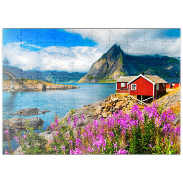 Darstellung des Puzzle Motivs puzzleplate Typische rote Fischerhäuser in einem Hafen auf den Lofoten, Norwegen 100 Puzzle