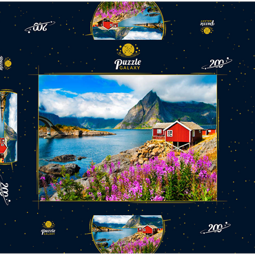Darstellung des Puzzle Motivs Typische rote Fischerhäuser in einem Hafen auf den Lofoten, Norwegen 200 Puzzle Schachtel 3D Modell