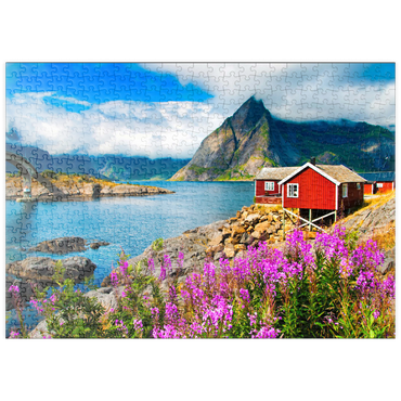 Darstellung des Puzzle Motivs puzzleplate Typische rote Fischerhäuser in einem Hafen auf den Lofoten, Norwegen 500 Puzzle