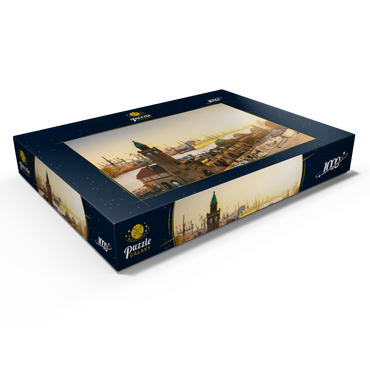 Darstellung des Puzzle Motivs Hamburg St. Pauli Landungsbrücken bei Sonnenuntergang, Deutschland 1000 Puzzle Schachtel Ansicht1