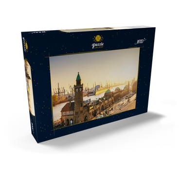 Darstellung des Puzzle Motivs Hamburg St. Pauli Landungsbrücken bei Sonnenuntergang, Deutschland 1000 Puzzle Schachtel Ansicht2