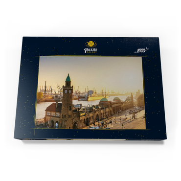 Darstellung des Puzzle Motivs Hamburg St. Pauli Landungsbrücken bei Sonnenuntergang, Deutschland 1000 Puzzle Schachtel Ansicht3