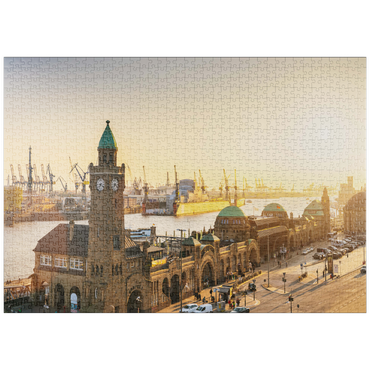Darstellung des Puzzle Motivs puzzleplate Hamburg St. Pauli Landungsbrücken bei Sonnenuntergang, Deutschland 1000 Puzzle