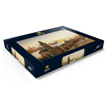 Darstellung des Puzzle Motivs Hamburg St. Pauli Landungsbrücken bei Sonnenuntergang, Deutschland 100 Puzzle Schachtel Ansicht1