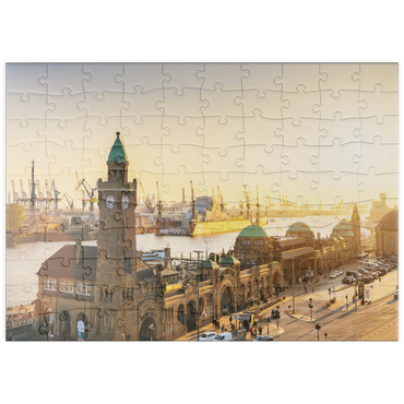 Darstellung des Puzzle Motivs puzzleplate Hamburg St. Pauli Landungsbrücken bei Sonnenuntergang, Deutschland 100 Puzzle