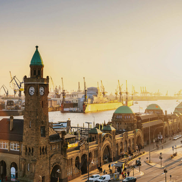 Darstellung des Puzzle Motivs Hamburg St. Pauli Landungsbrücken bei Sonnenuntergang, Deutschland 100 Puzzle 3D Modell