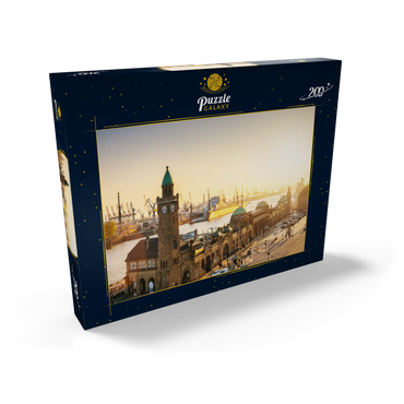 Darstellung des Puzzle Motivs Hamburg St. Pauli Landungsbrücken bei Sonnenuntergang, Deutschland 200 Puzzle Schachtel Ansicht2