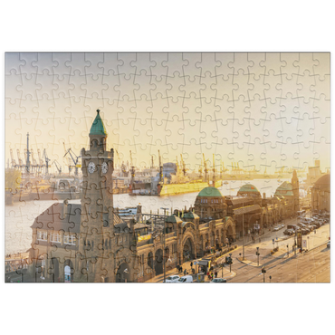 Darstellung des Puzzle Motivs puzzleplate Hamburg St. Pauli Landungsbrücken bei Sonnenuntergang, Deutschland 200 Puzzle