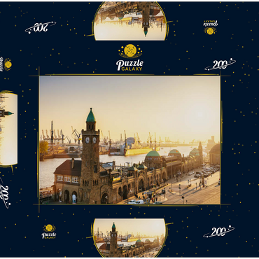 Darstellung des Puzzle Motivs Hamburg St. Pauli Landungsbrücken bei Sonnenuntergang, Deutschland 200 Puzzle Schachtel 3D Modell