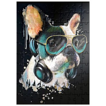 Darstellung des Puzzle Motivs puzzleplate Französische Bulldogge mit Kopfhörer 100 Puzzle