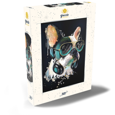Darstellung des Puzzle Motivs Französische Bulldogge mit Kopfhörer 500 Puzzle Schachtel Ansicht2