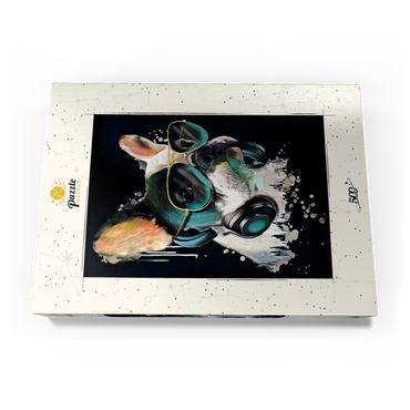 Darstellung des Puzzle Motivs Französische Bulldogge mit Kopfhörer 500 Puzzle Schachtel Ansicht3