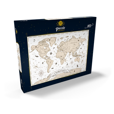 Darstellung des Puzzle Motivs Detaillierte Vintage Cartoon Weltkarte 100 Puzzle Schachtel Ansicht2