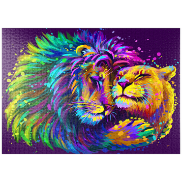 Darstellung des Puzzle Motivs puzzleplate Künstlerisches, neonfarbener Löwe umarmt Löwin im Stil der Pop-Art 1000 Puzzle