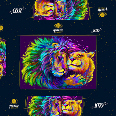 Darstellung des Puzzle Motivs Künstlerisches, neonfarbener Löwe umarmt Löwin im Stil der Pop-Art 1000 Puzzle Schachtel 3D Modell