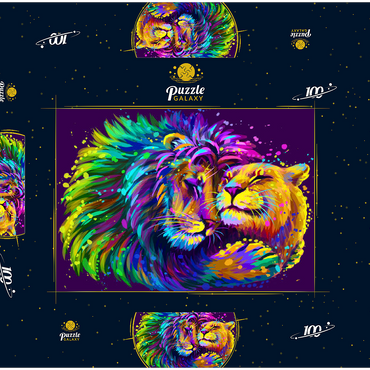 Darstellung des Puzzle Motivs Künstlerisches, neonfarbener Löwe umarmt Löwin im Stil der Pop-Art 100 Puzzle Schachtel 3D Modell