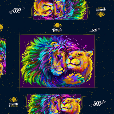 Darstellung des Puzzle Motivs Künstlerisches, neonfarbener Löwe umarmt Löwin im Stil der Pop-Art 500 Puzzle Schachtel 3D Modell