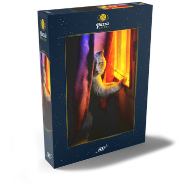 Darstellung des Puzzle Motivs Süße Katze im Nachtfenster 500 Puzzle Schachtel Ansicht2