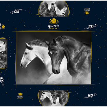 Darstellung des Puzzle Motivs Pferde laufen Galopp in der Wüste 100 Puzzle Schachtel 3D Modell