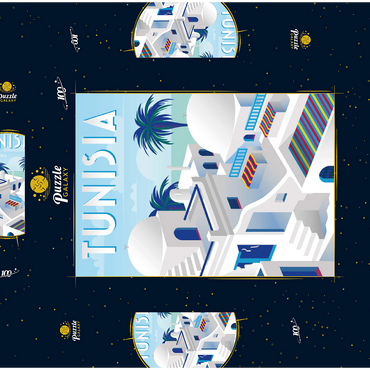 Darstellung des Puzzle Motivs Tunesien, Art Deco style Vintage Poster, Illustration 100 Puzzle Schachtel 3D Modell