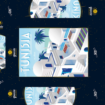 Darstellung des Puzzle Motivs Tunesien, Art Deco style Vintage Poster, Illustration 500 Puzzle Schachtel 3D Modell